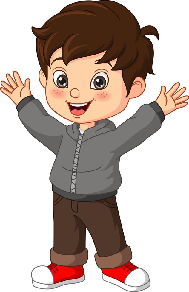 Cartoon happy little boy raising hands vector