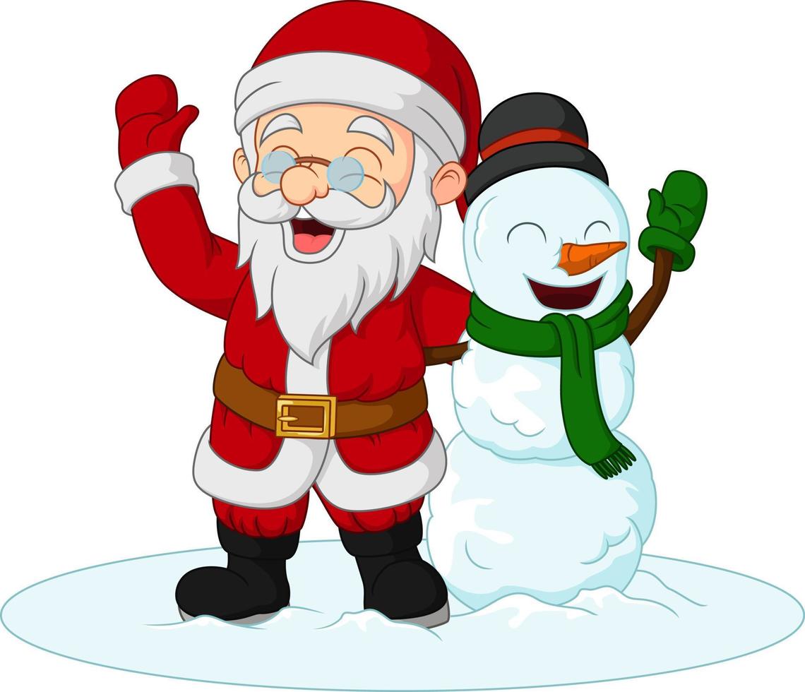 dibujos animados de santa claus con muñeco de nieve agitando las manos vector