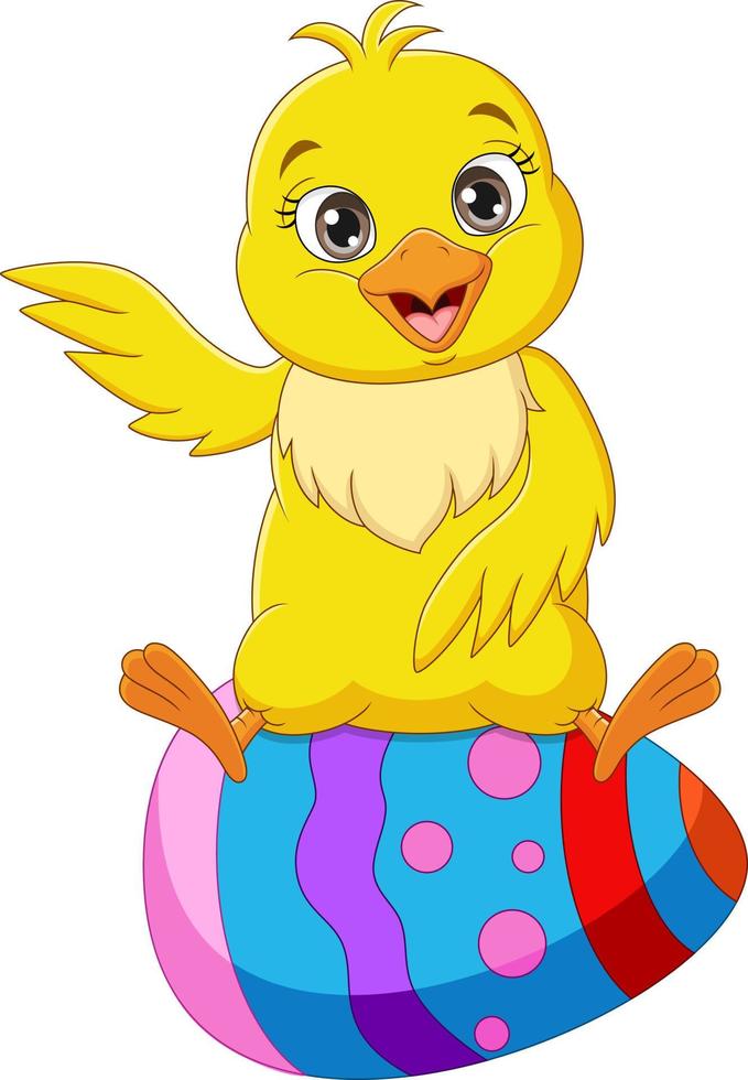 Cartoon chicks sitting on Easter eggs vector