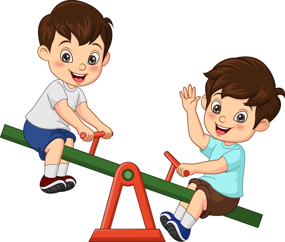 Cartoon two little boy playing seesaw vector
