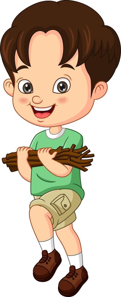 Cartoon little boy carrying firewood vector