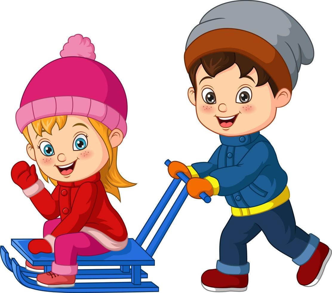 Cute boy pushing a sled with little girl vector