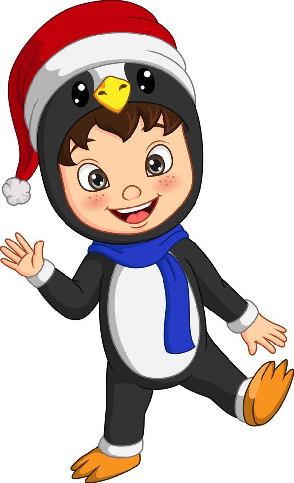 niño pequeño de dibujos animados con traje de pingüino vector