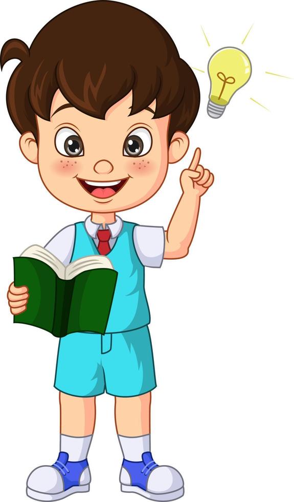 Cute little boy with big idea holding a book vector