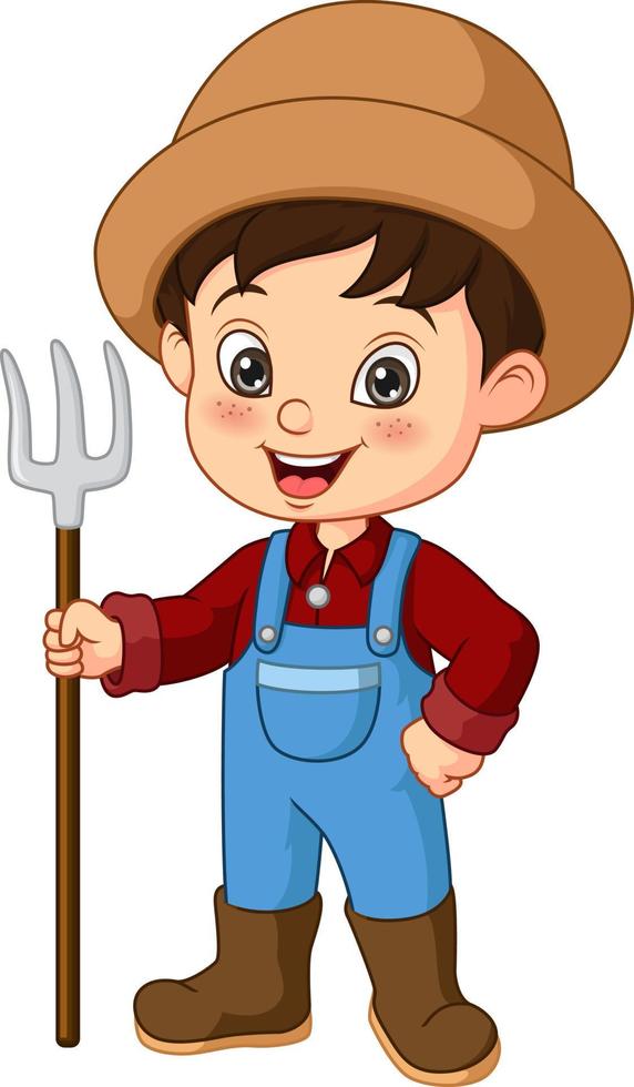 Cartoon little farmer holding a rake vector