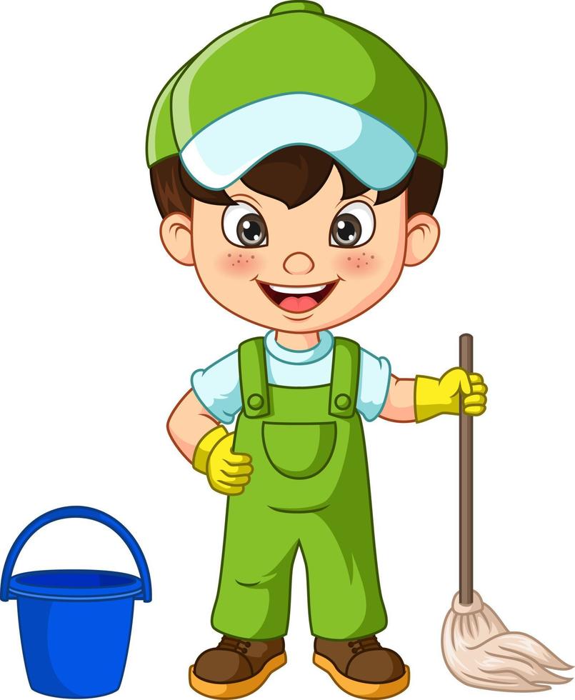 Cute janitor boy holding a mop cleaning vector