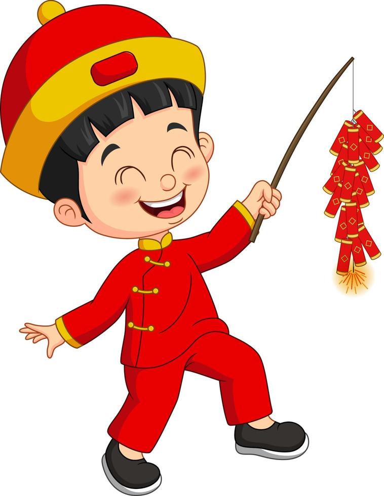 Cartoon chinese boy holding a firecracker vector