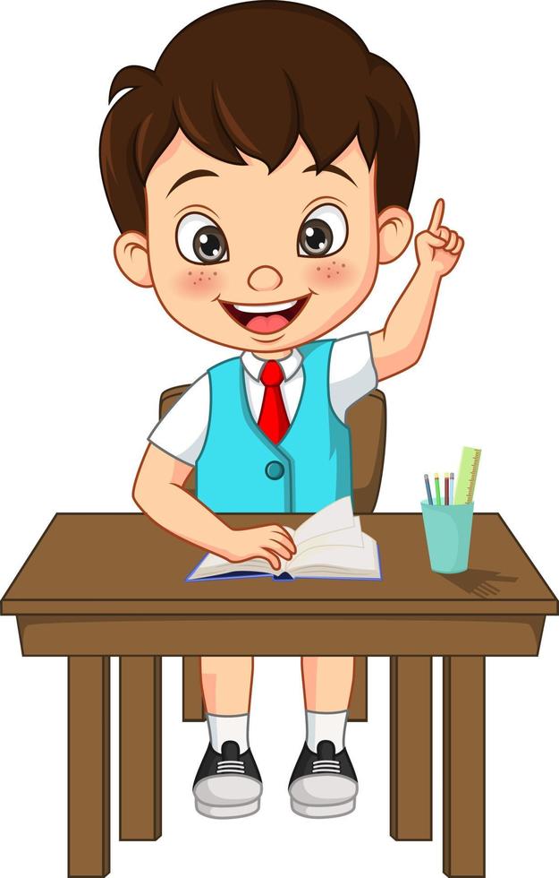 feliz lindo niño estudiante levantando la mano vector