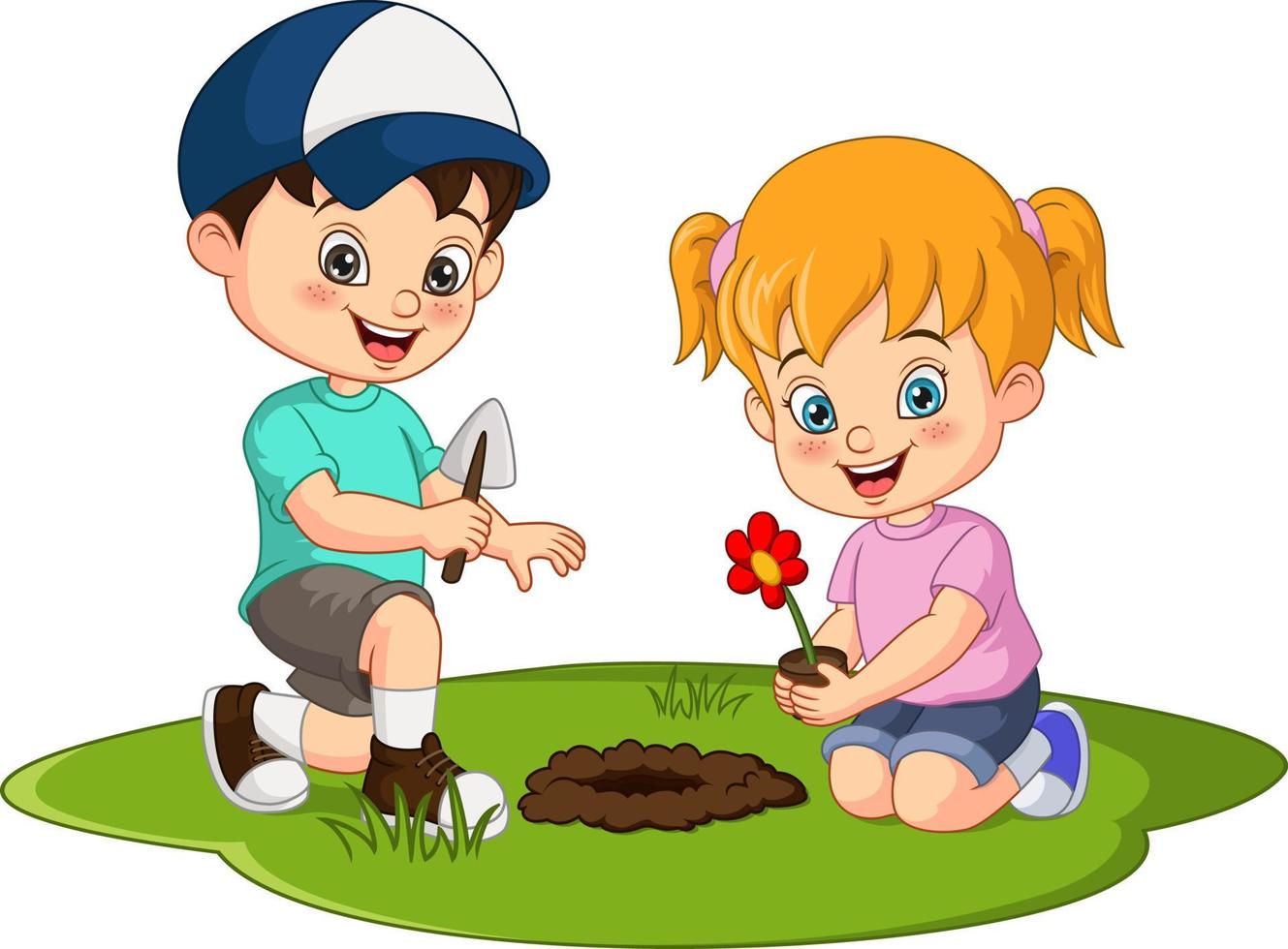 Cute little kids planting flower plant in the garden vector