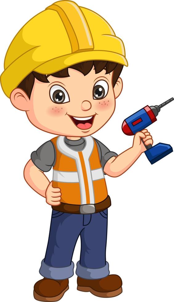 Cute handyman cartoon holding a drill tool vector