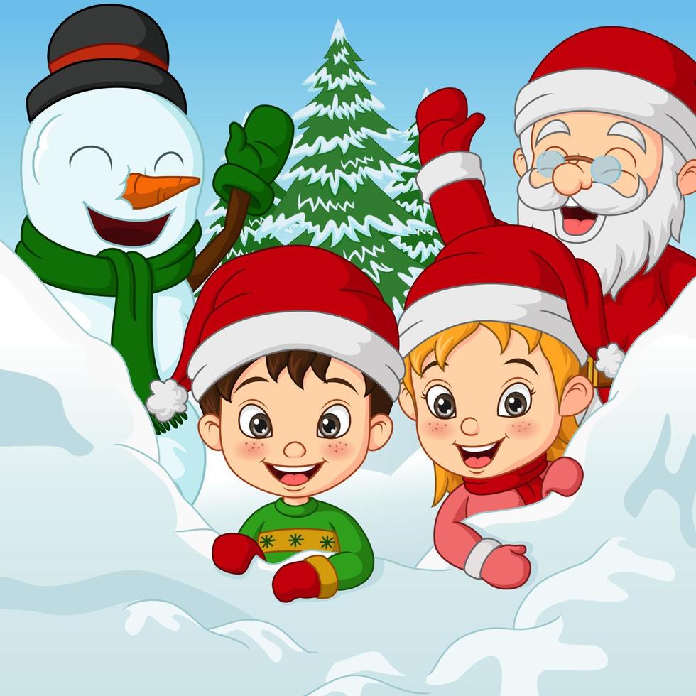 Christmas celebrating with kids, snowman and santa claus vector