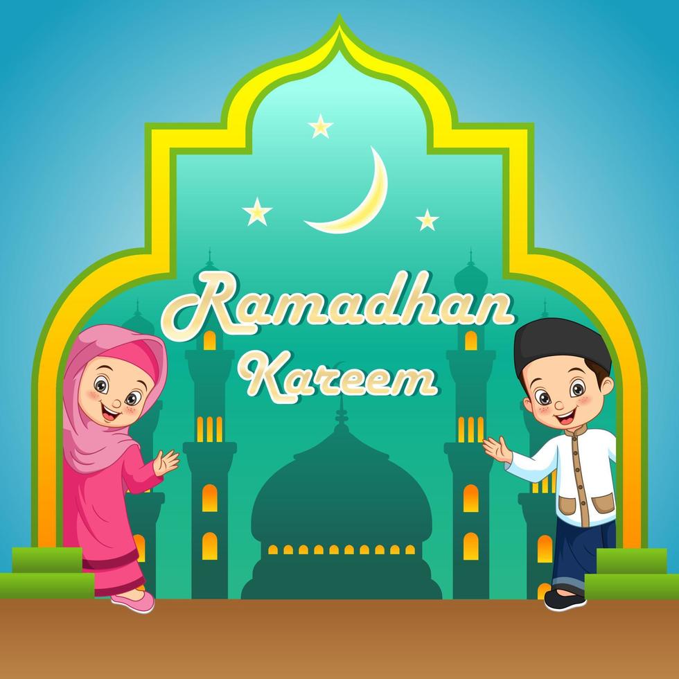 Ramadan kareem greeting card with funny cartoon muslim kids vector