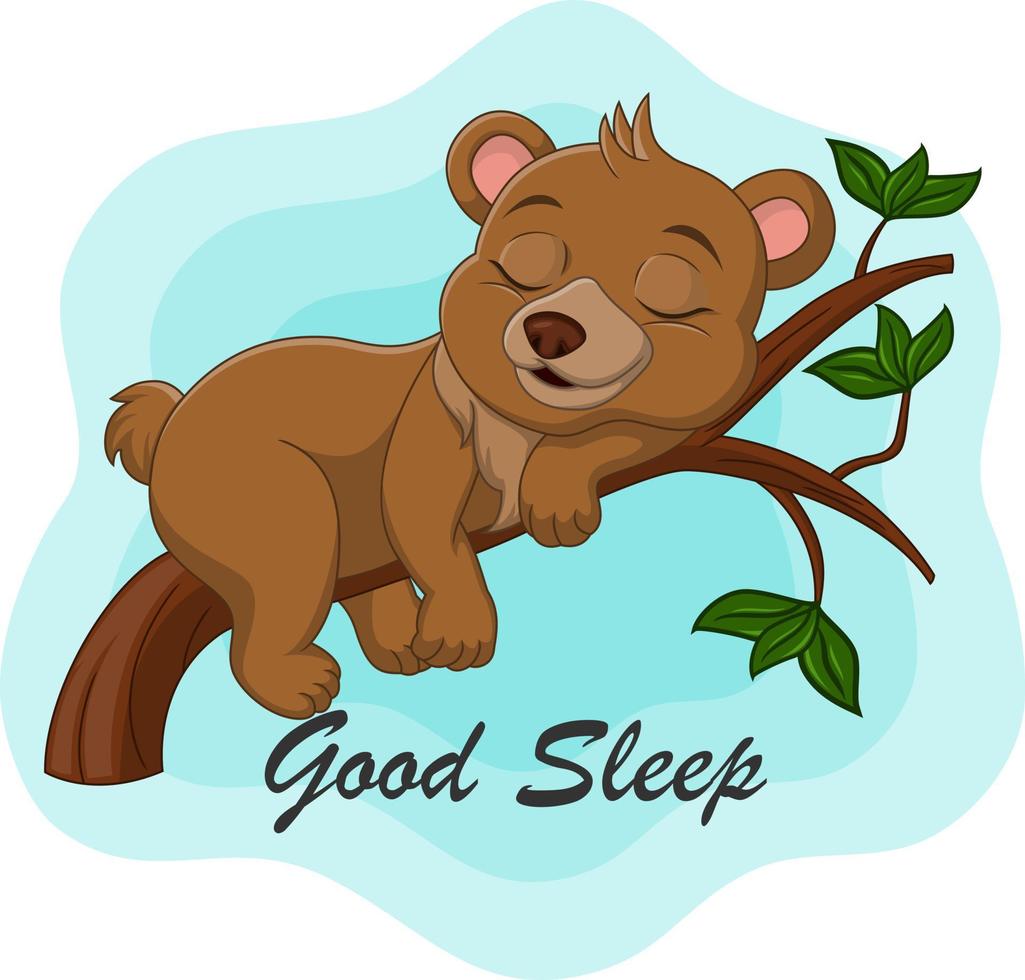 Cartoon funny baby bear sleeping on tree branch vector