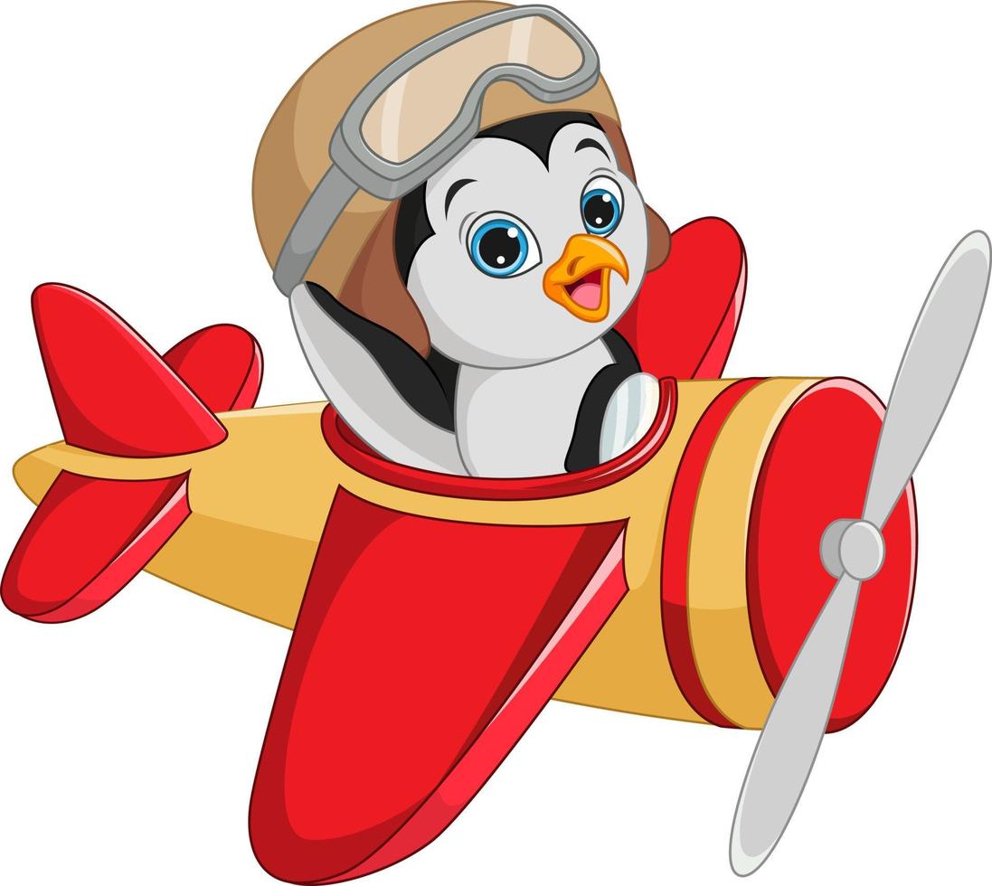 Cartoon little penguin operating a plane vector