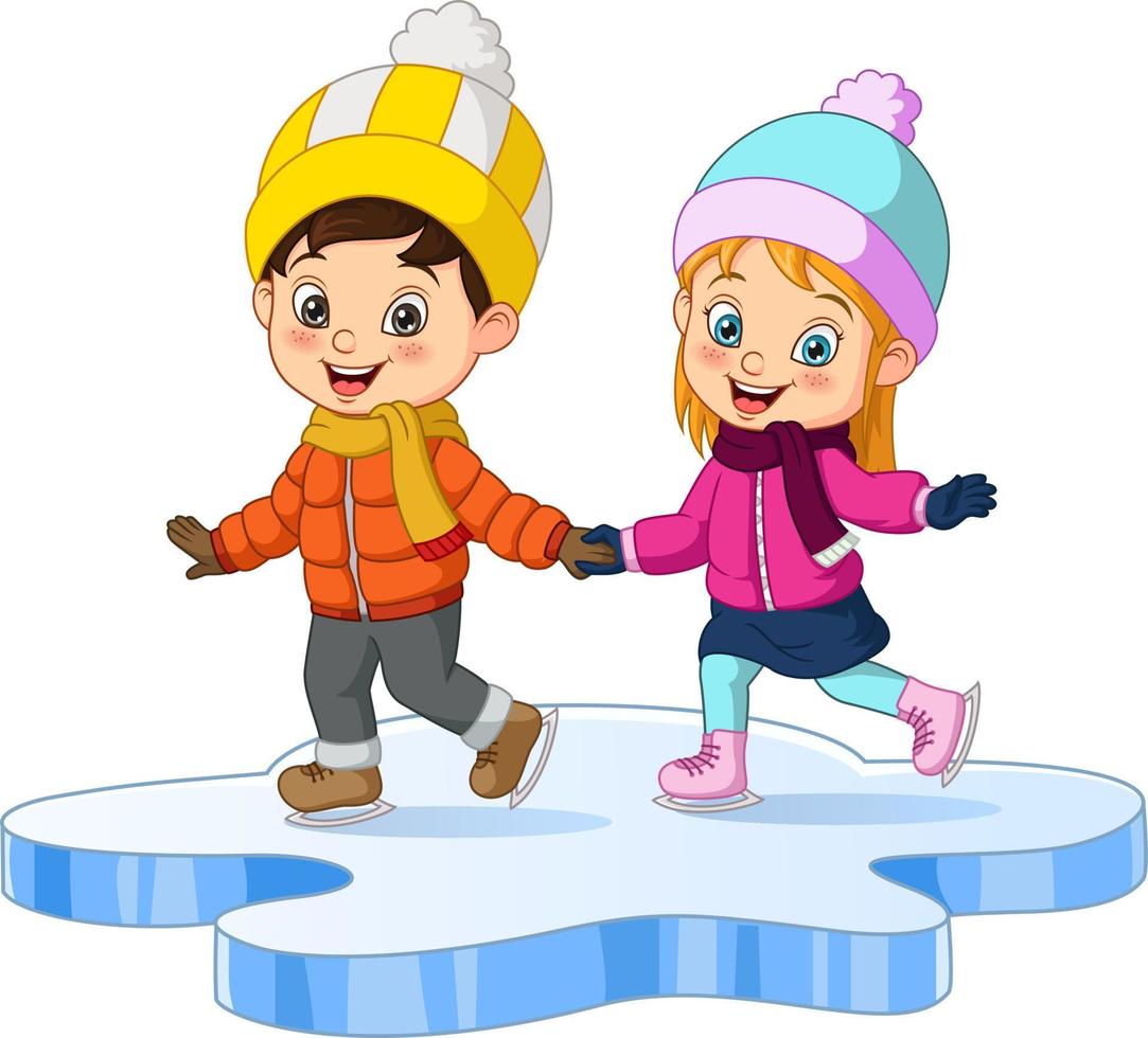 lindo niño pequeño en ropa de invierno jugando patinaje sobre hielo vector