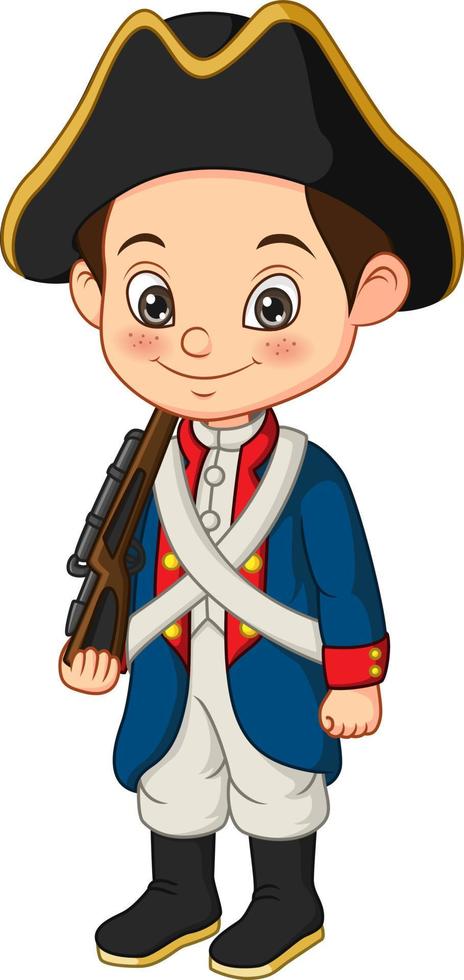 niño pequeño de dibujos animados con traje de soldado de la revolución americana vector