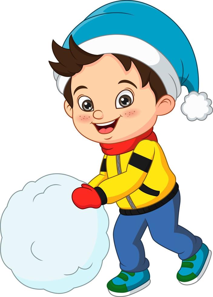 niño lindo en ropa de invierno jugando bola de nieve vector