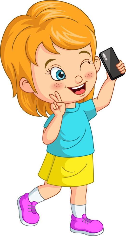 Cute little girl taking selfie with a smartphone vector