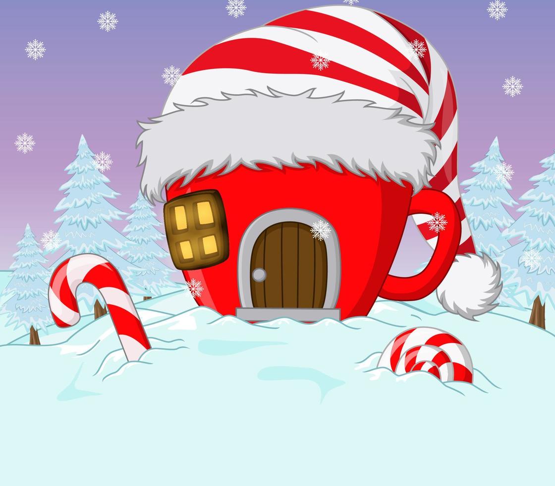 casa de navidad en forma de taza con sombrero de santa y dulces vector