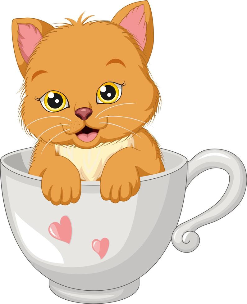 lindo gato de dibujos animados en taza blanca vector