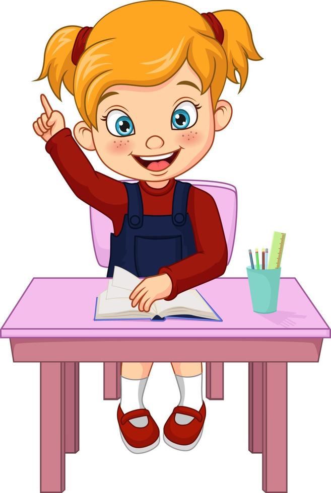 Happy cute little student girl raising her hand vector