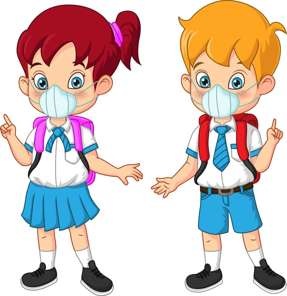 Children in uniform wearing face masks vector