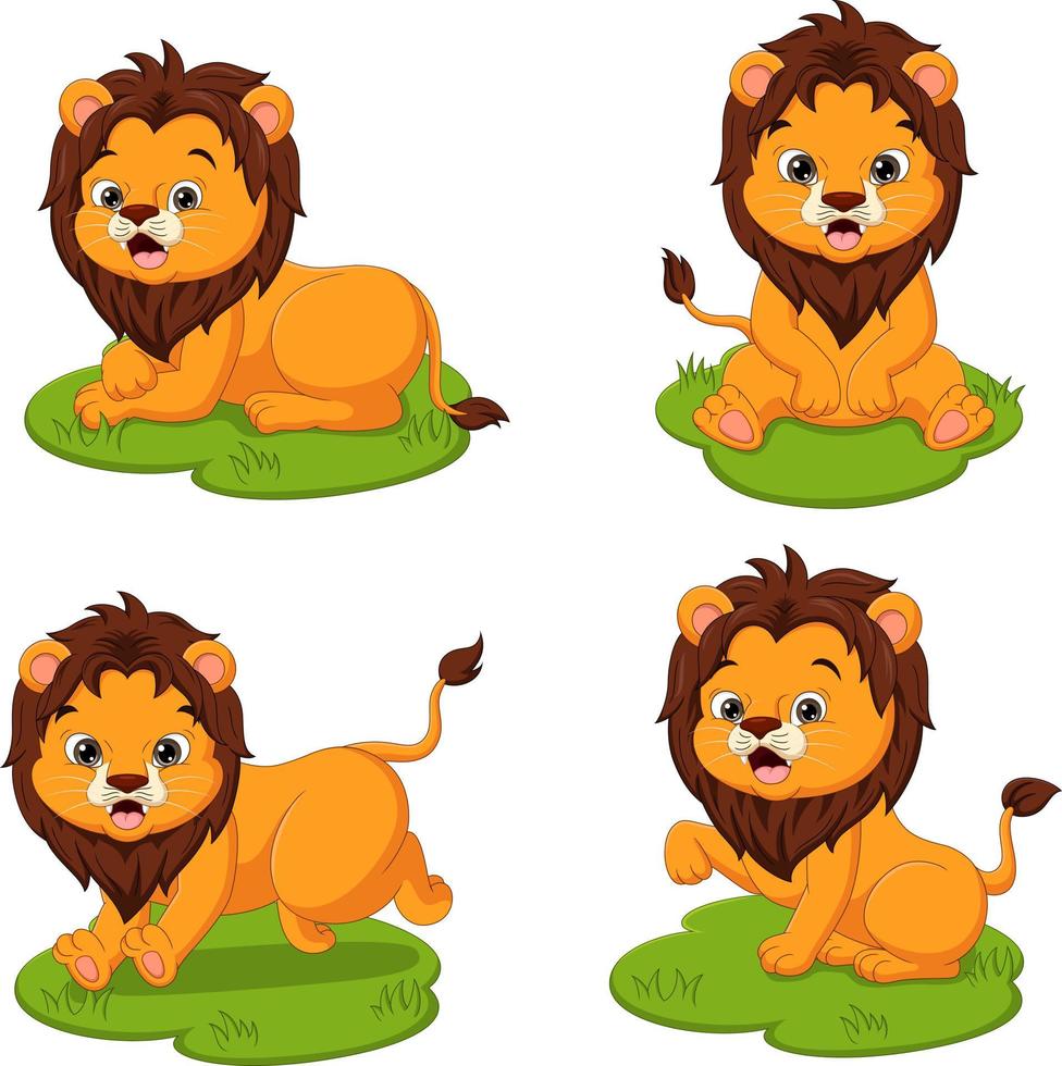 conjunto de dibujos animados lindo bebé leones en la hierba vector