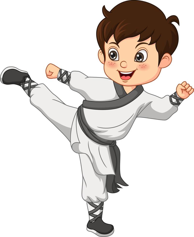 niño pequeño de dibujos animados practicando karate vector