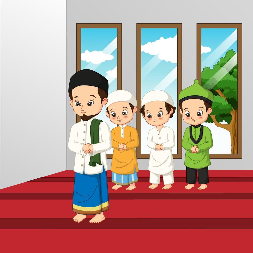 Muslim man and kid praying in a mosque vector