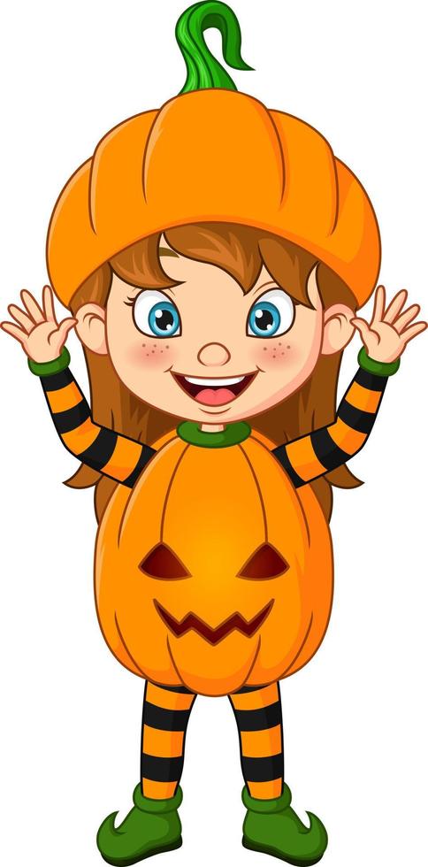 niña de dibujos animados con disfraz de calabaza de halloween vector