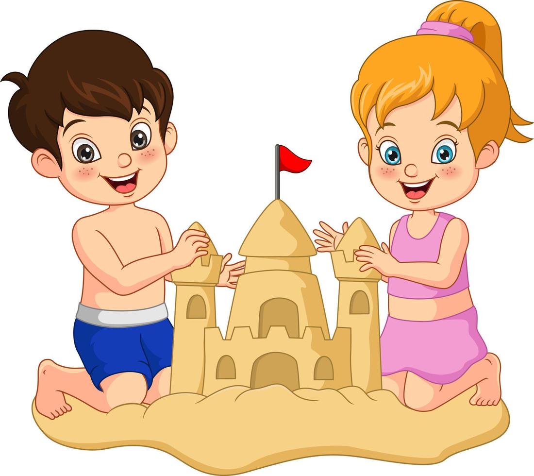 niño y niña de dibujos animados haciendo castillos de arena en una playa vector