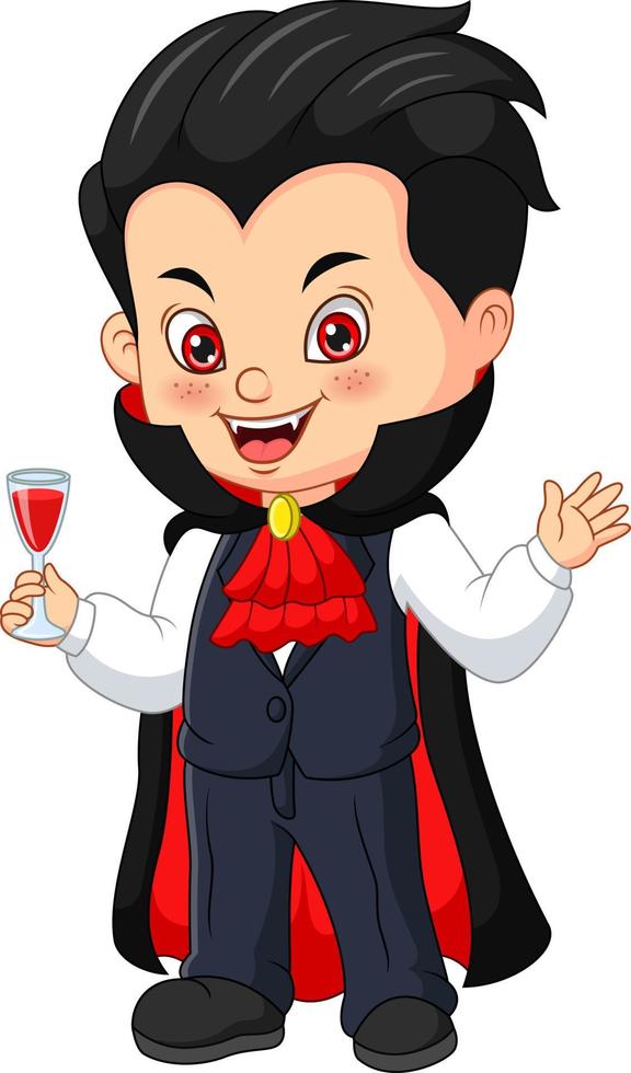 pequeño drácula de dibujos animados sosteniendo una sangre bebiendo vector