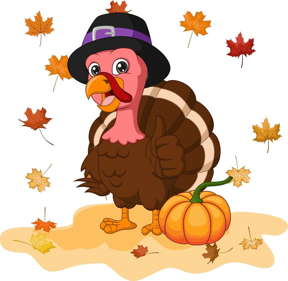 Cartoon happy turkey with autumn leaves and pumpkin vector