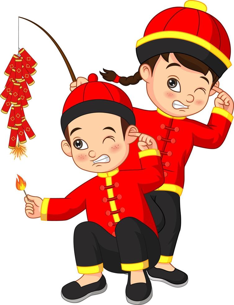 Cartoon Chinese kids with a firecracker vector