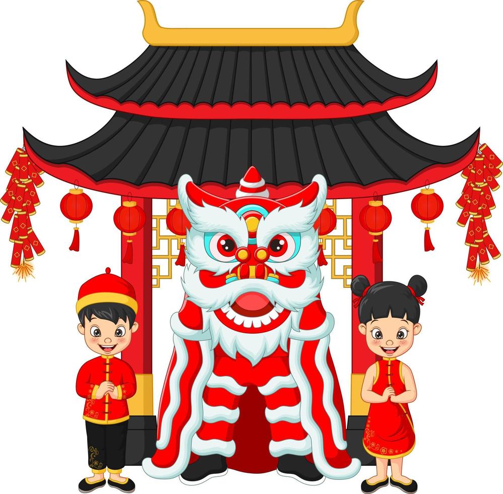 Happy chinese new year with kids and chinese lion dance vector