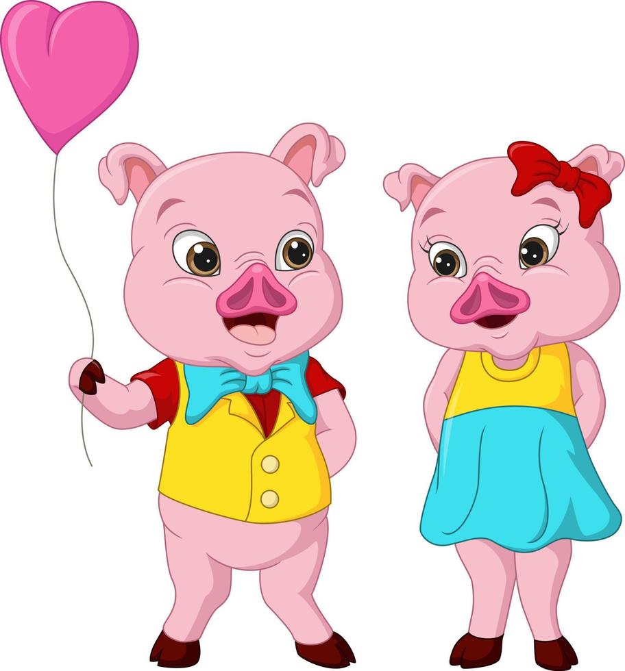 linda pareja de cerdos con corazón de globo vector