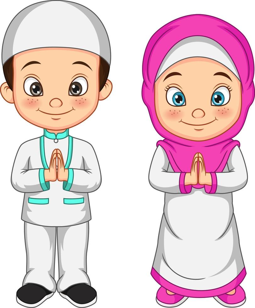 Cartoon muslim kid greeting salaam vector