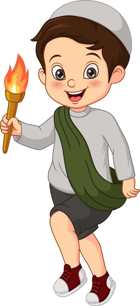 Cartoon muslim boy holding torch vector