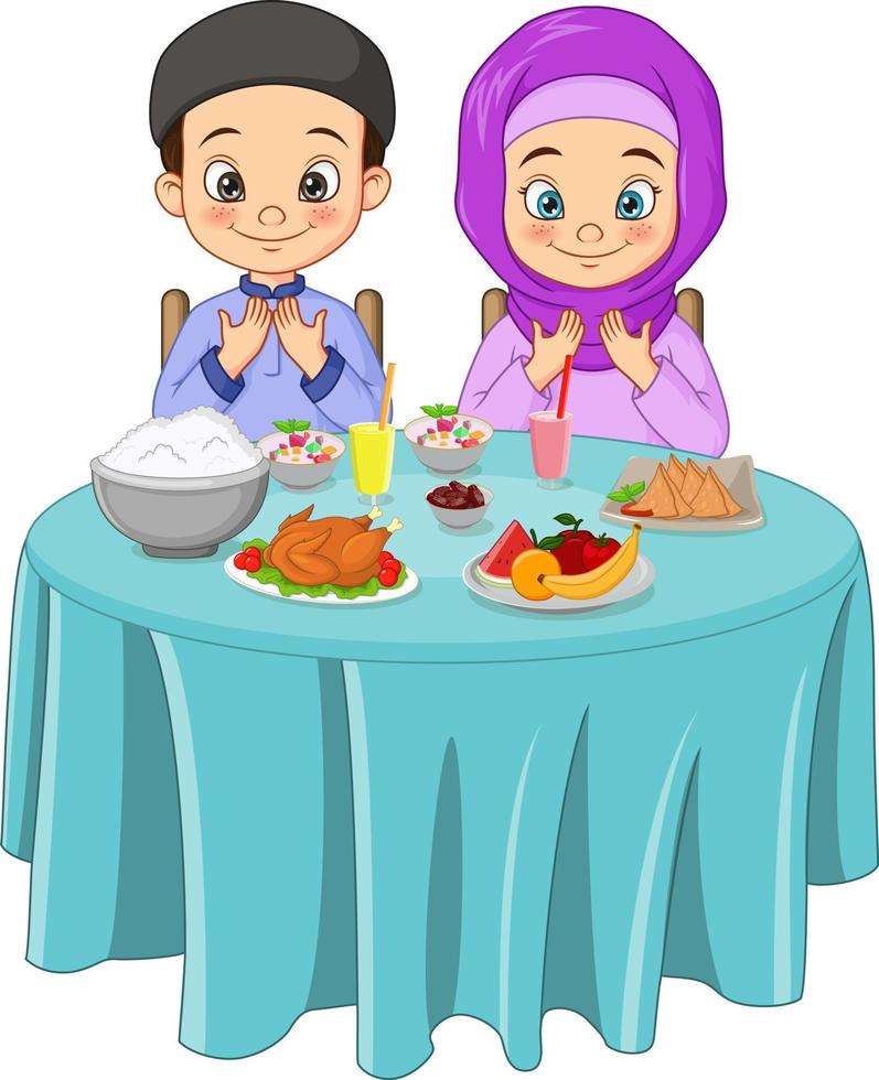 el hombre y la mujer musulmanes rezan juntos antes del iftar vector
