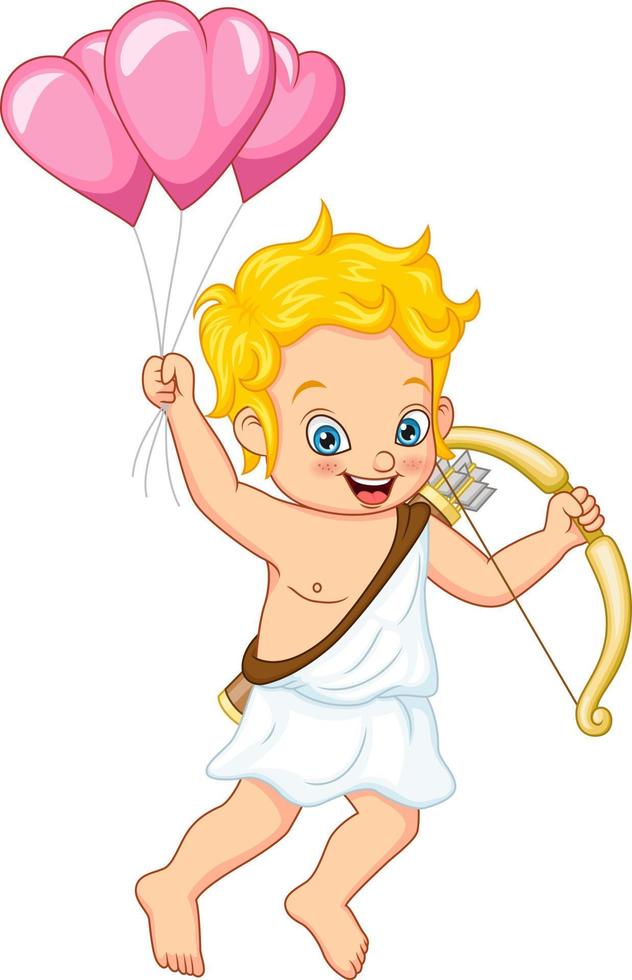 Cartoon cute cupid holding pink air balloons and bow vector