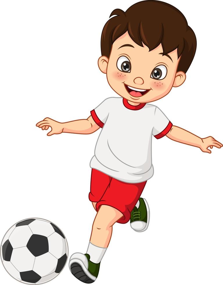 niño pequeño de dibujos animados jugando al fútbol vector