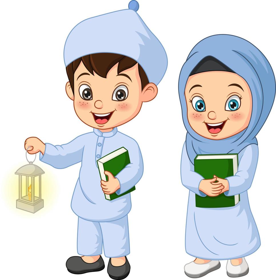 niño musulmán de dibujos animados sosteniendo el libro del corán con linterna de ramadán vector