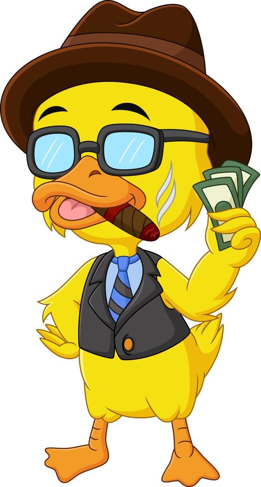Cartoon rich man duck holding money vector