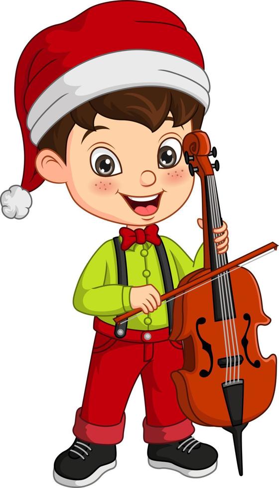 niño pequeño de dibujos animados con traje de navidad tocando el chelo vector