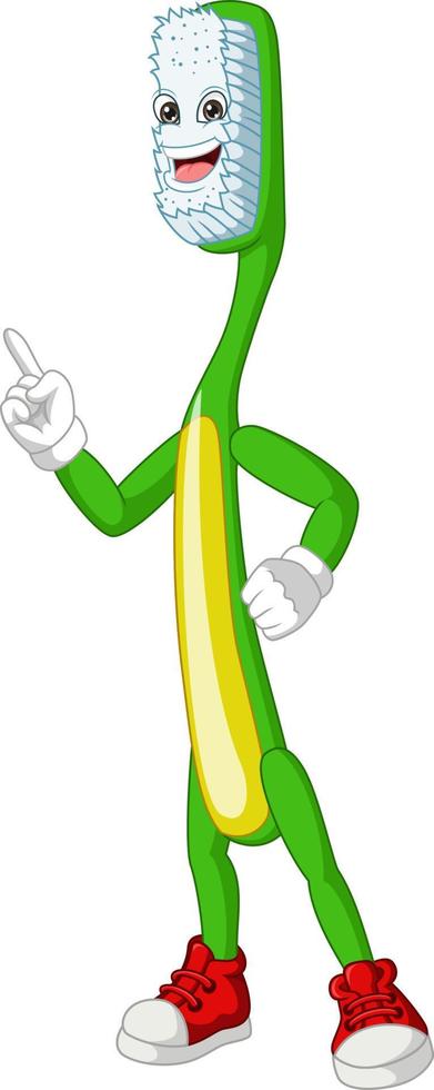 Cartoon happy toothbrush mascot pointing up vector