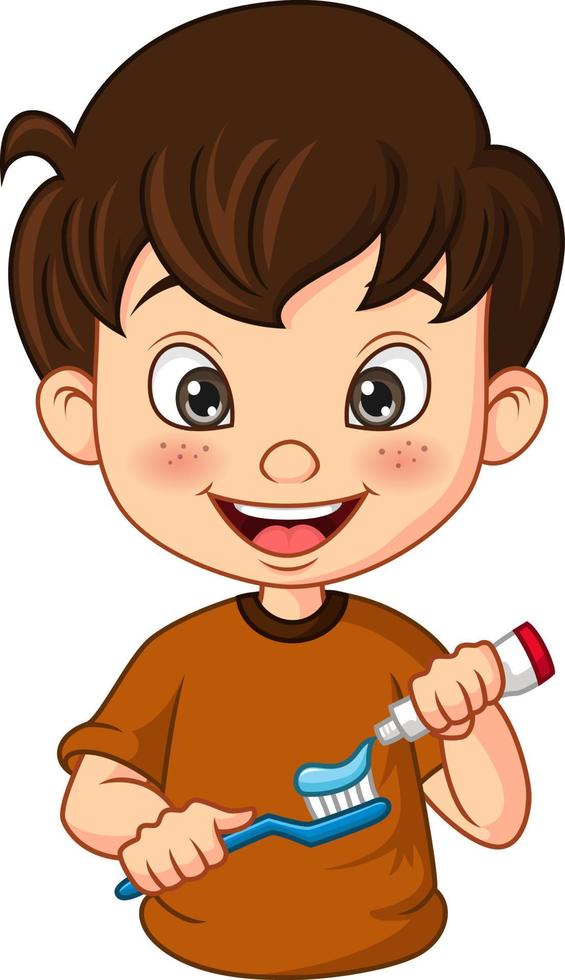 Cute little boy brushing teeth with toothpaste vector