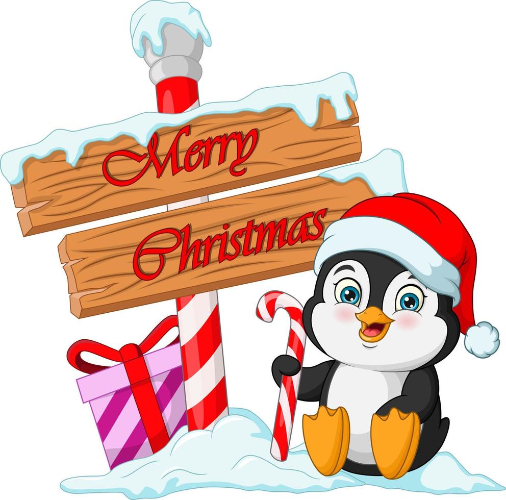 Cute little penguin with wooden signboard and gifts vector