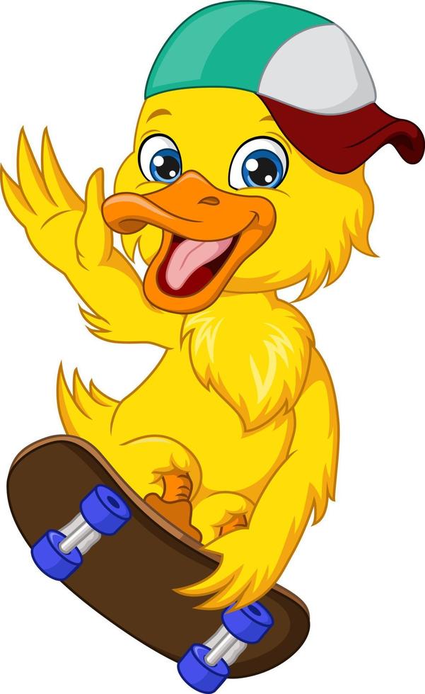 Happy little yellow duck playing skateboard vector