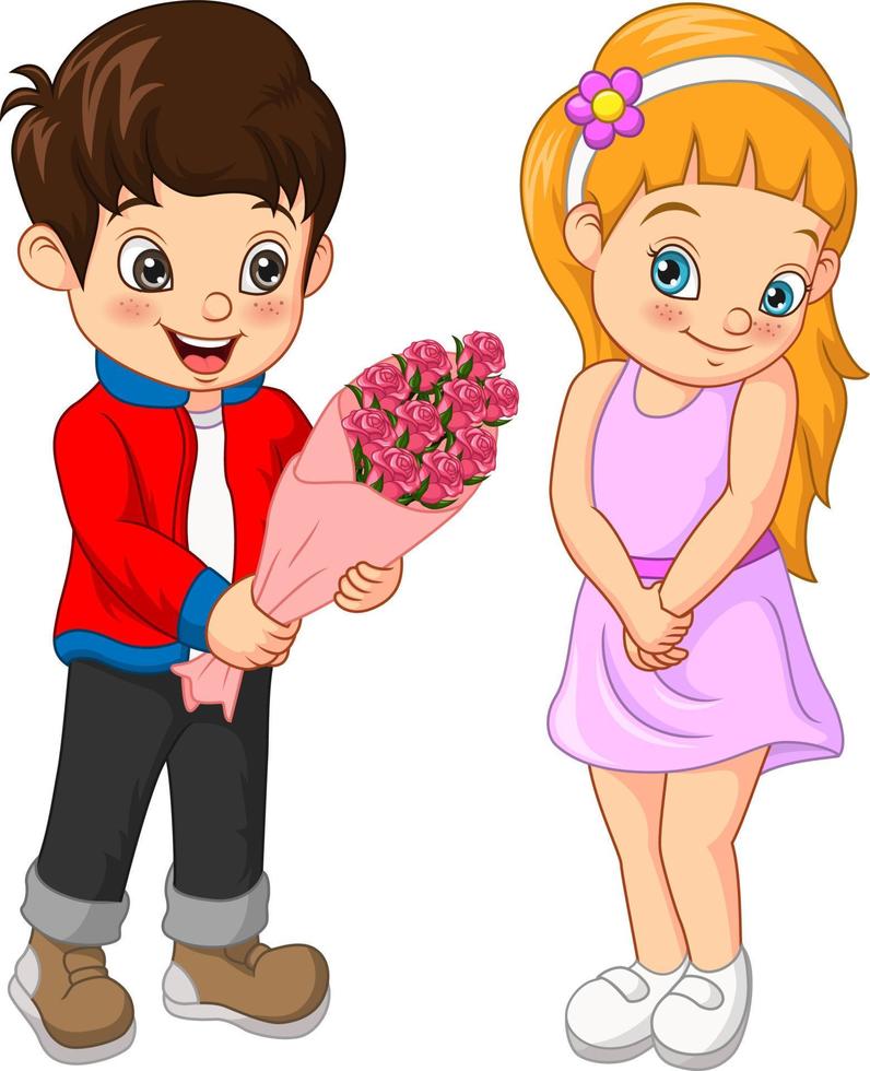 chico lindo dando un hermoso ramo de flores a una chica vector