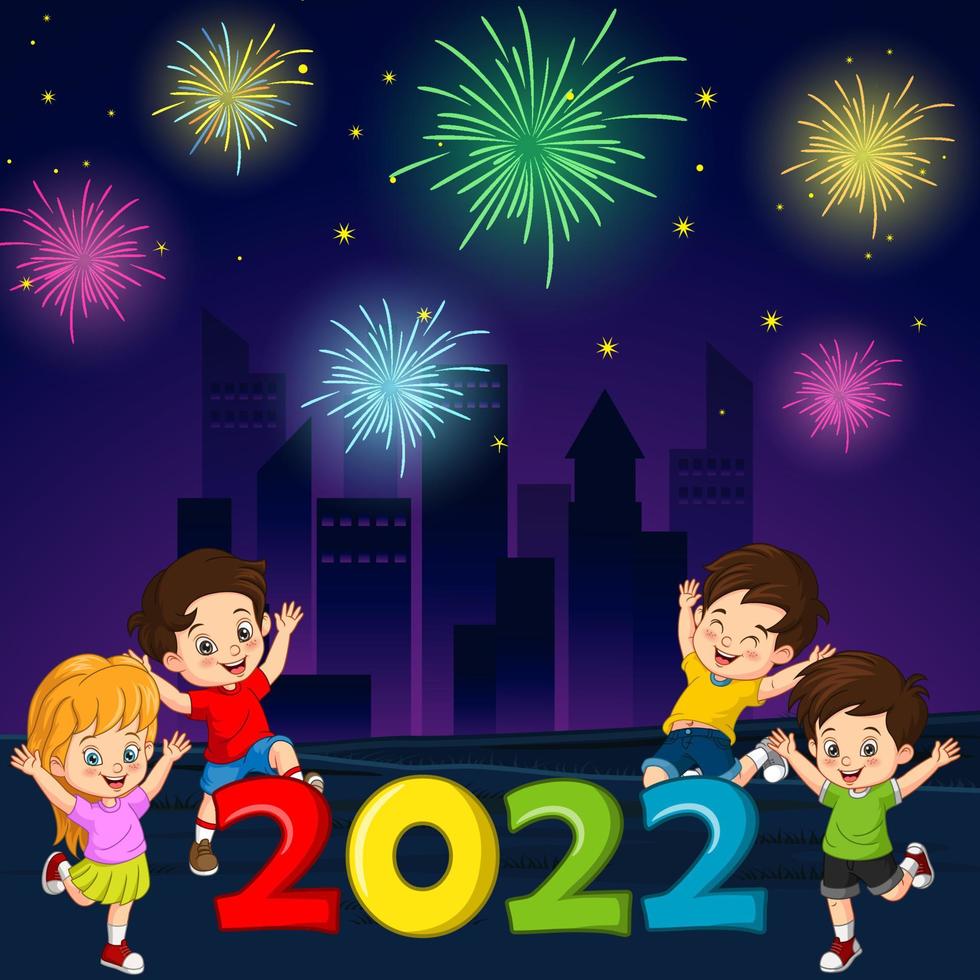 Happy New Year 2022 with kid in winter clothes vector